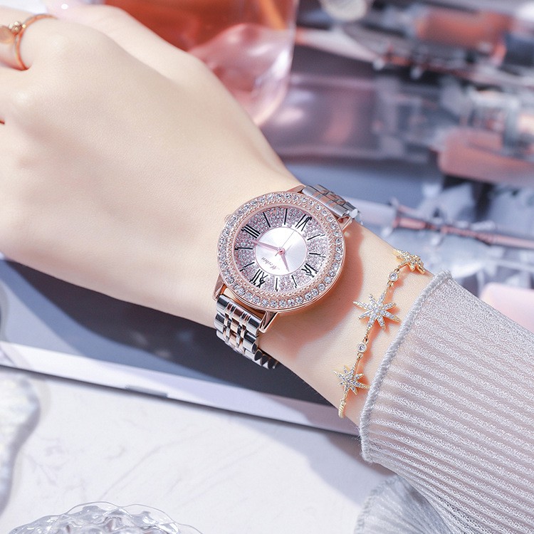 Đồng hồ nữ chính hãng, đồng hồ nữ dây kim loại MEIBIN đính đá cao cấp, cực sang, mặt tròn, không thấm nước