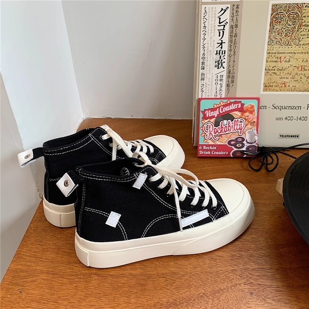 6:30PM Order Mã 083 Giày sneaker ulzzang dáng conversebasic cổ cao mũi tròn cute đế bánh mì custom viền chỉ lộ băng dán