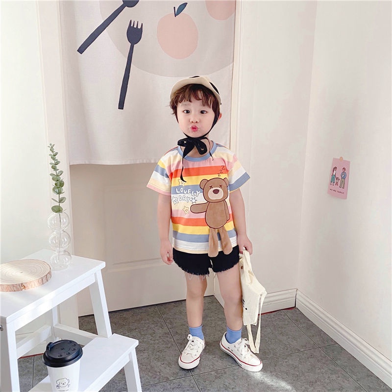 Áo Thun Kẻ Sọc Ngắn Tay Hình Gấu Hoạt Hình Đáng Yêu Thời Trang Mùa Hè Dành Cho Bé Gái 2023