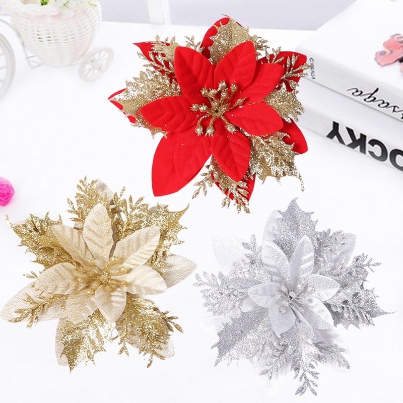 Bông hoa nhũ trang trí Noel, hoa trạng nguyên trang trí giáng sinh (Kích thước 14cm)