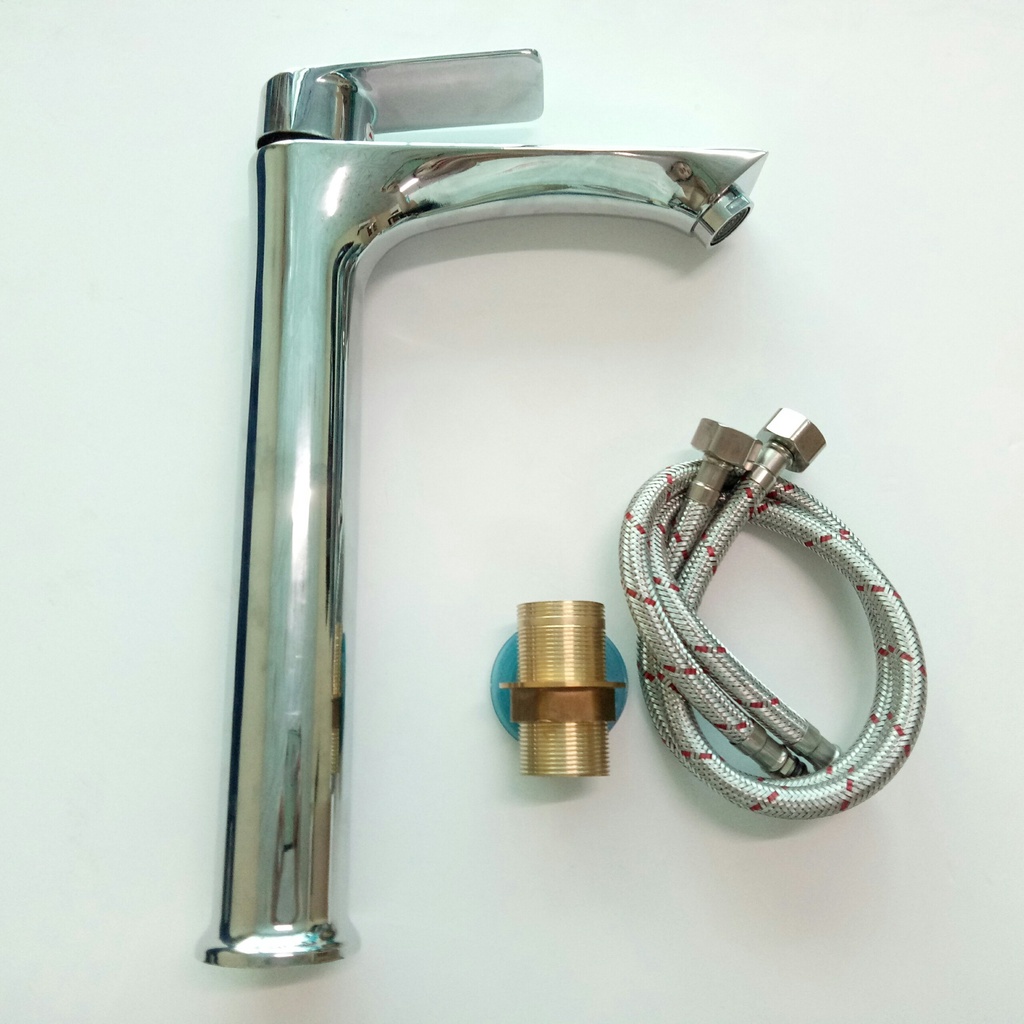 Vòi chậu phòng tắm, vòi Lavabo Nóng lạnh inox Bóng thiết kế thân trụ, tay gạt gật gù bằng vuông + Tặng dây cấp nước NL