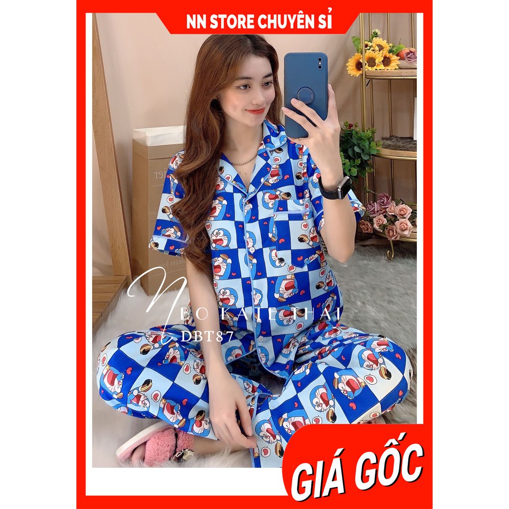 Đồ bộ nữ mặc nhà phom to cổ pijama cổ V tay ngắn chất kate thái mềm mịn mát in doremon vịt chuột Mickey dễ thương DBT