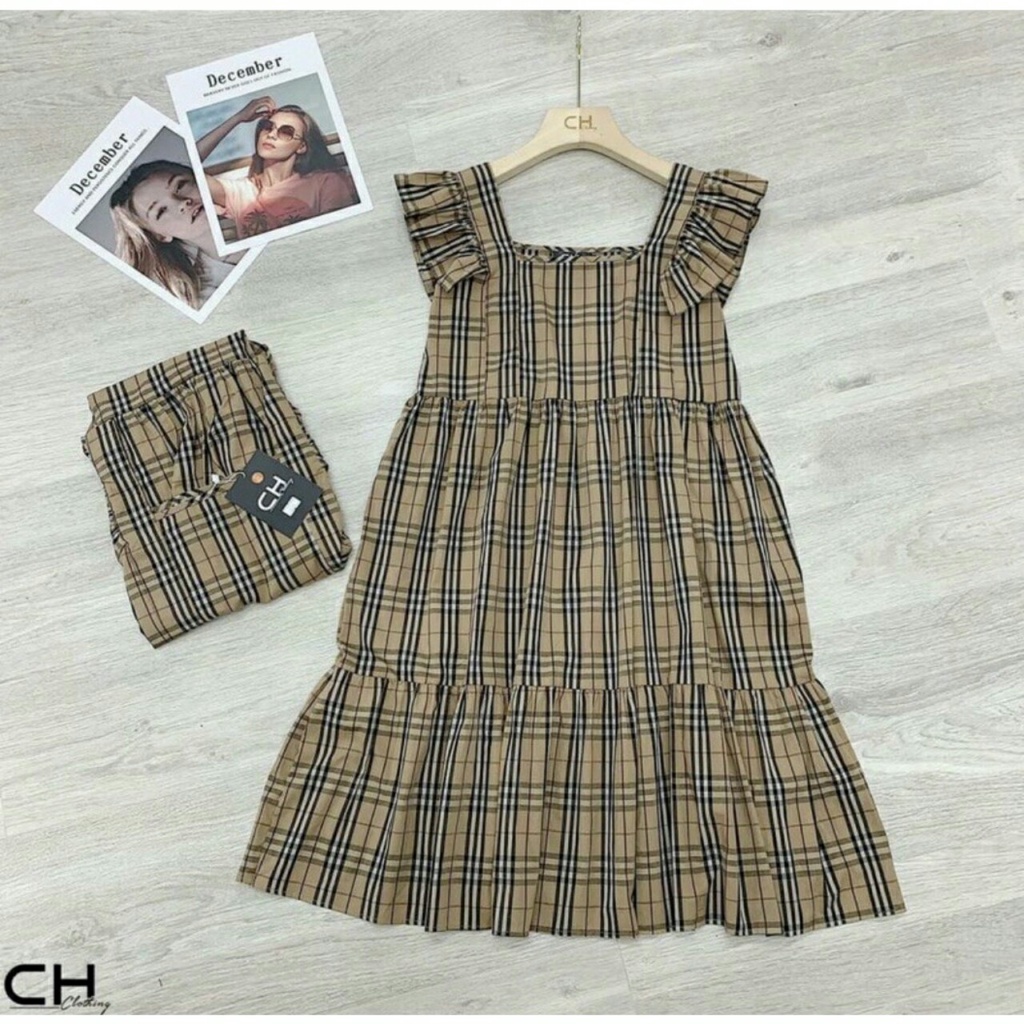 Váy Bầu, Đầm Bầu Thiết Kế Dáng Suông Sọc Caro Tay Bèo Chất Lụa Hàn Mềm Mát A057 Lin Store66