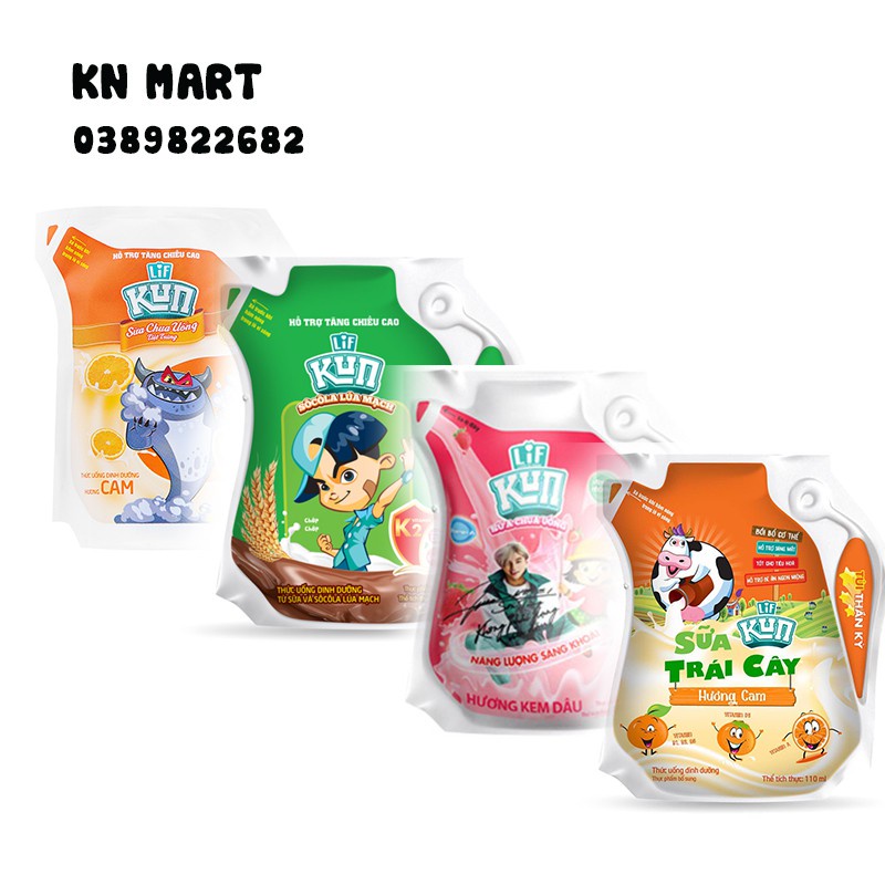 Túi Sữa Lif Kun  Vị Cam/Dâu/Socola Túi 110ml