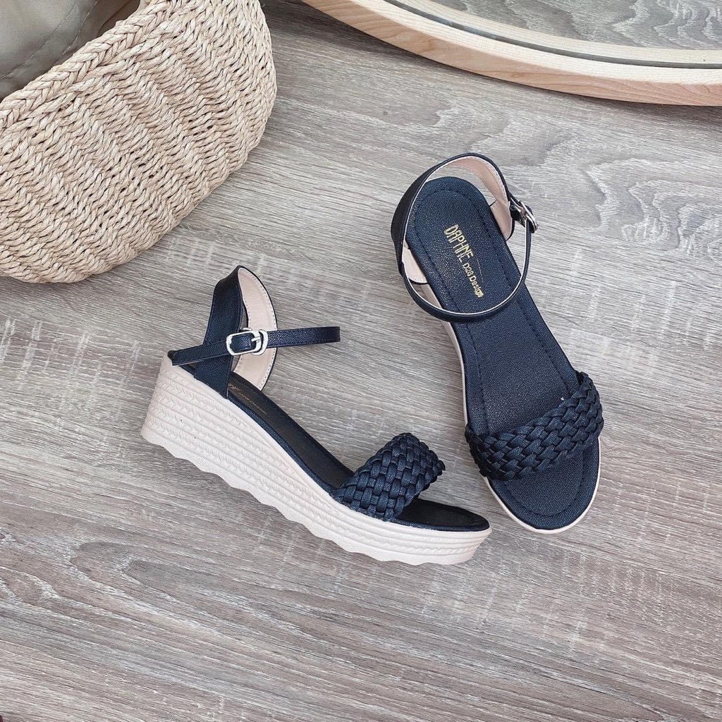 Sandal Xuồng Nữ quai bính ĐEN/KEM Đế 4cm