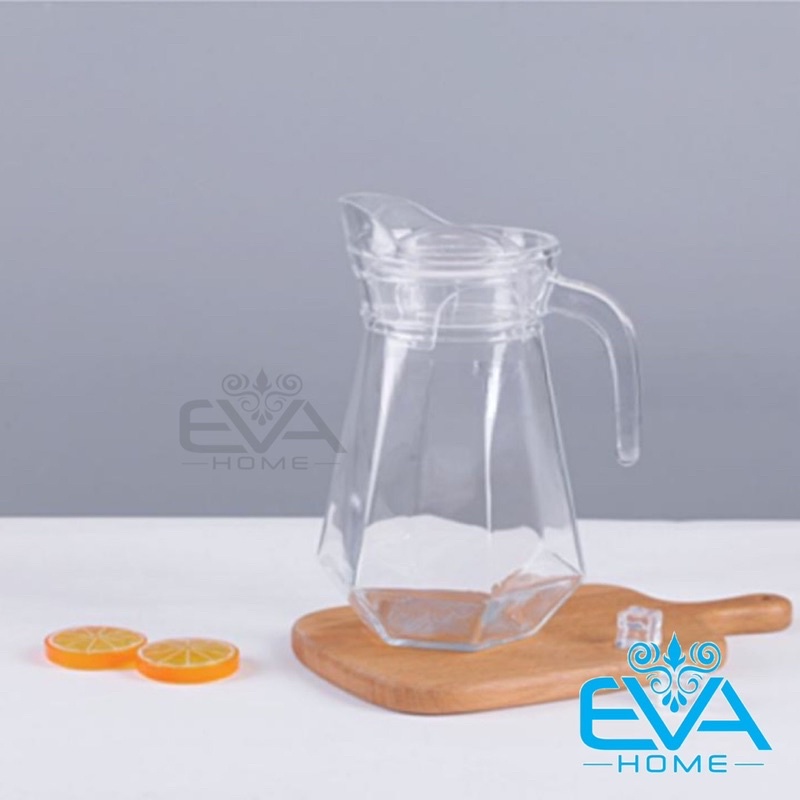 Bình Thuỷ Tinh Đựng Nước 1.3L Quai Cầm Miệng Rót Cạnh Kim Cương EH1028 Glass Pitcher Diamond Shape Striped Jar 1300 ML