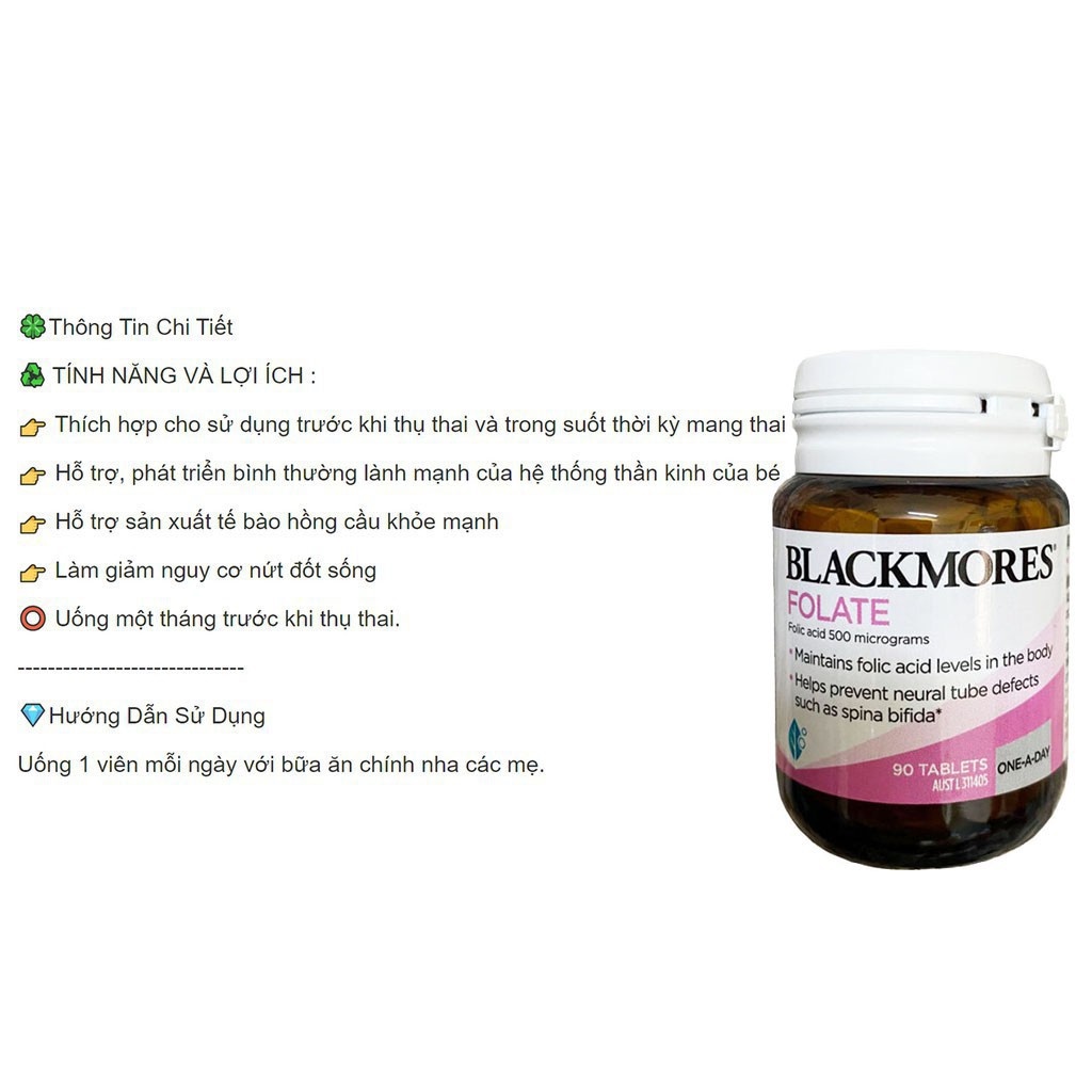 Blackmores Folate 500mcg 90 Tablets - Bổ sung Acid Folic cho bà mẹ chuẩn bị mang thai