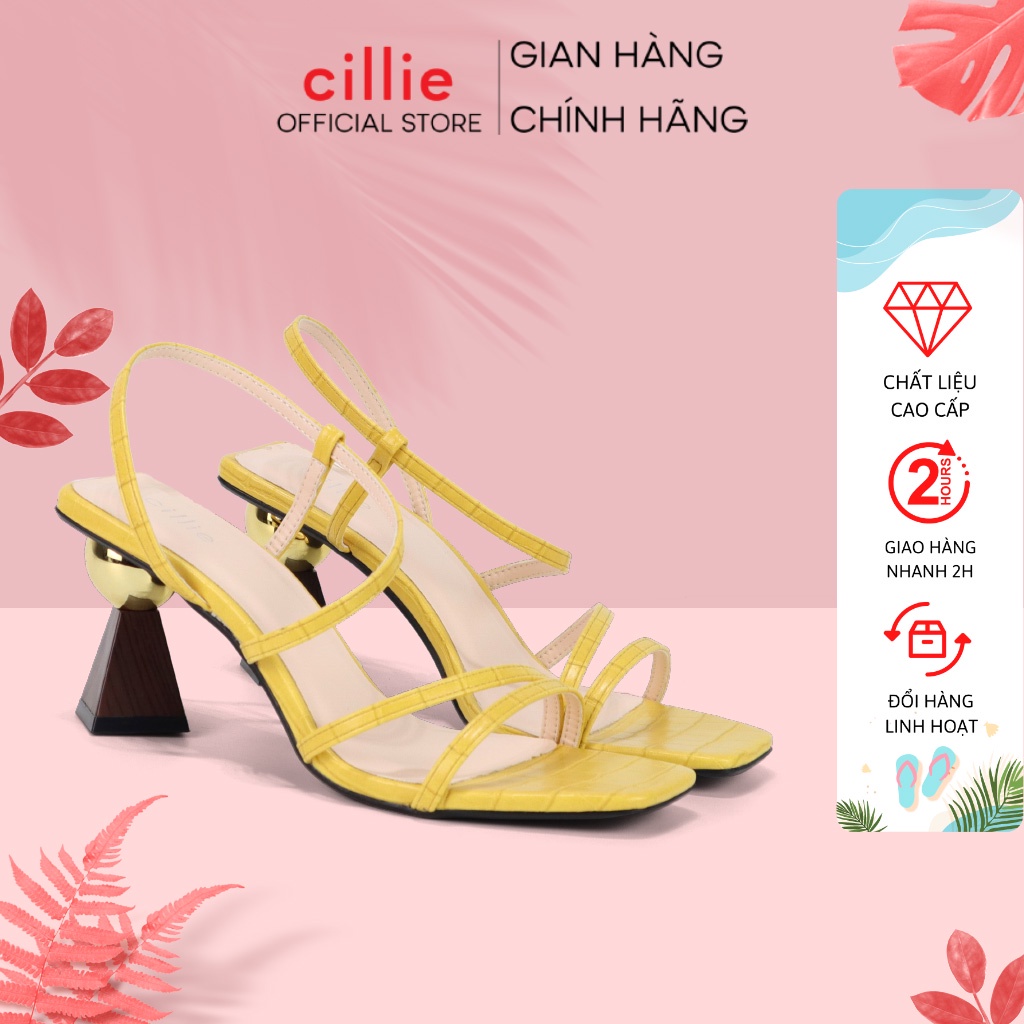 Giày sandal cao gót nữ dây mảnh gót giả gỗ phối độc đáo cao 7cm đi học đi làm Cillie