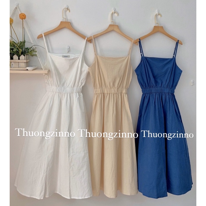 [Ảnh thật/Video]Đầm hai dây thô mềm tôn dáng thiết kế chun eo Váy hai dây chun eo dáng dài