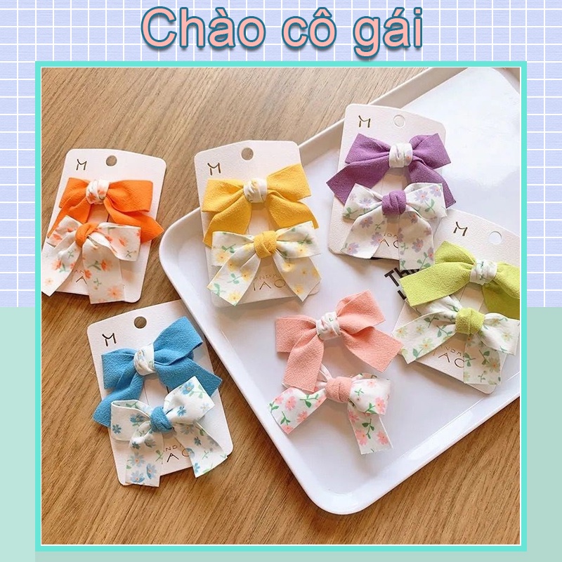 Bộ 2 Kẹp Tóc Hình Nơ Họa Tiết Hoa Nhỏ Kiểu Hàn Quốc Thời Trang Cho Bé Gái