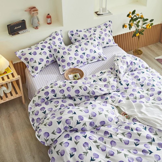 Set Chăn Ga Hoa Tuy Líp Tím Ga Kẻ Caro Cotton Poly Nhẹ Nhàng Mềm Mại Siêu Xinh (Shinbedding.shop)
