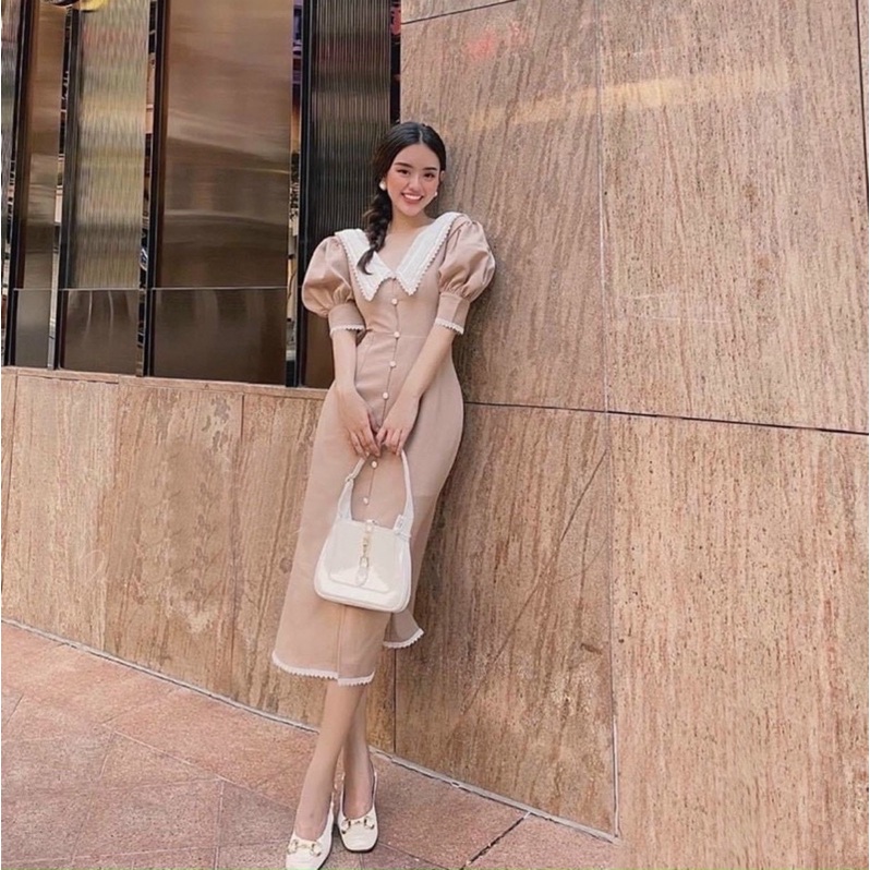 Đầm xoè công sở dạo phố cổ bẻ nút vintage tay phồng