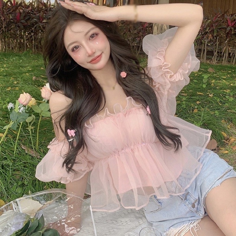 Áo bẹt vai lưới kính công chúa xinh xắn LK1