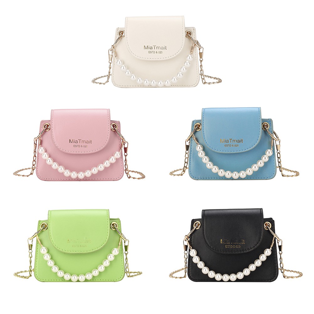 fiesta_Fashion Women PU Solid Color Chain Messenger Bag Casual Pearl Mini Handbag