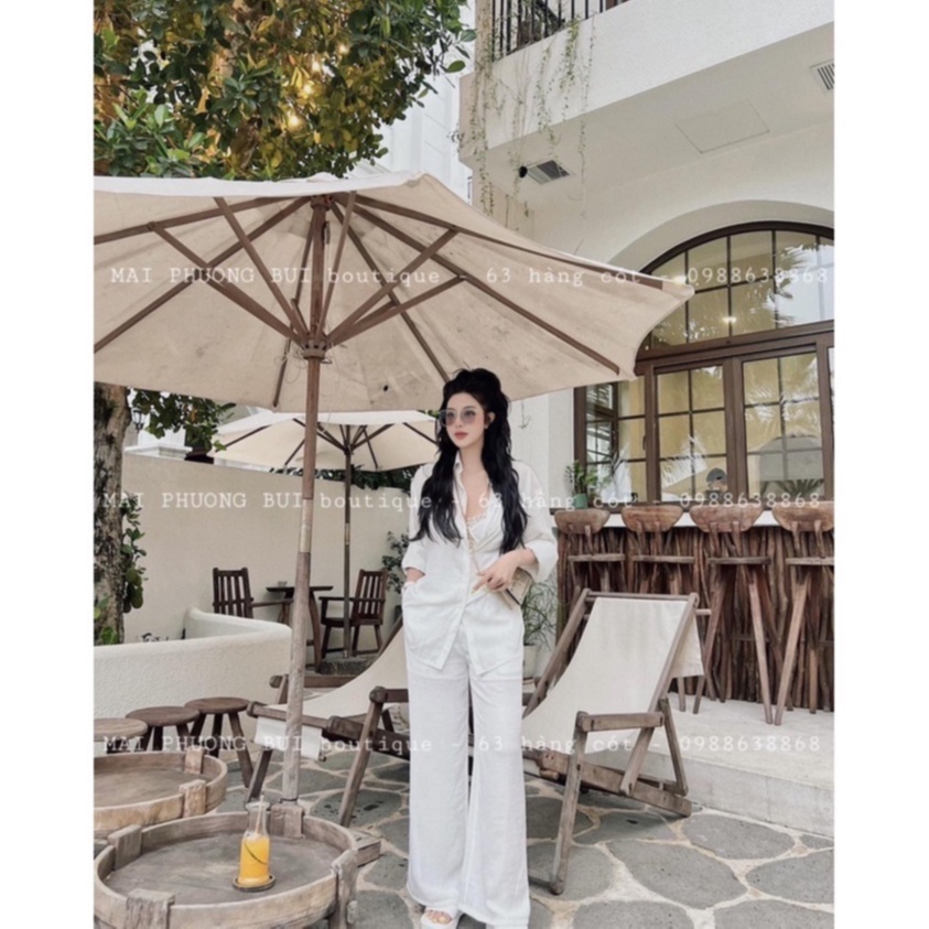 Set đũi trắng set bộ đi biển áo dài tay mix quần ống rộng cạp chun vãi đũi xước dày dặn may kỹ from đến 65kg