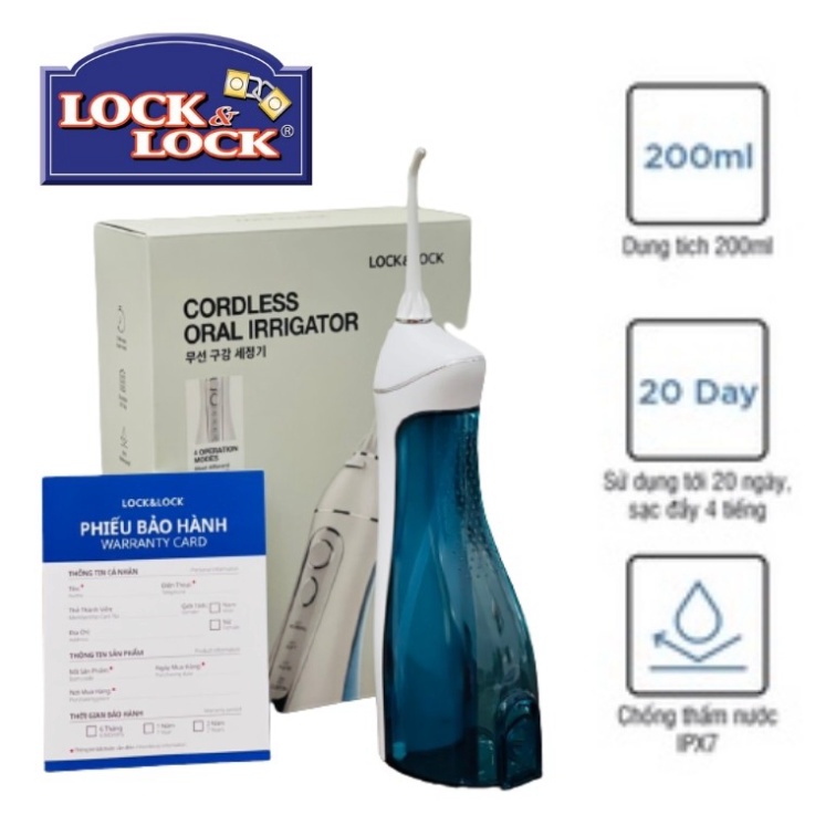 Tăm nước Lock&amp;Lock không dây Irrigator ENR156BLU 4 chế độ, Tăm nước Rapido, làm sạch kẽ răng,chính hãng bảo hành 12 thán