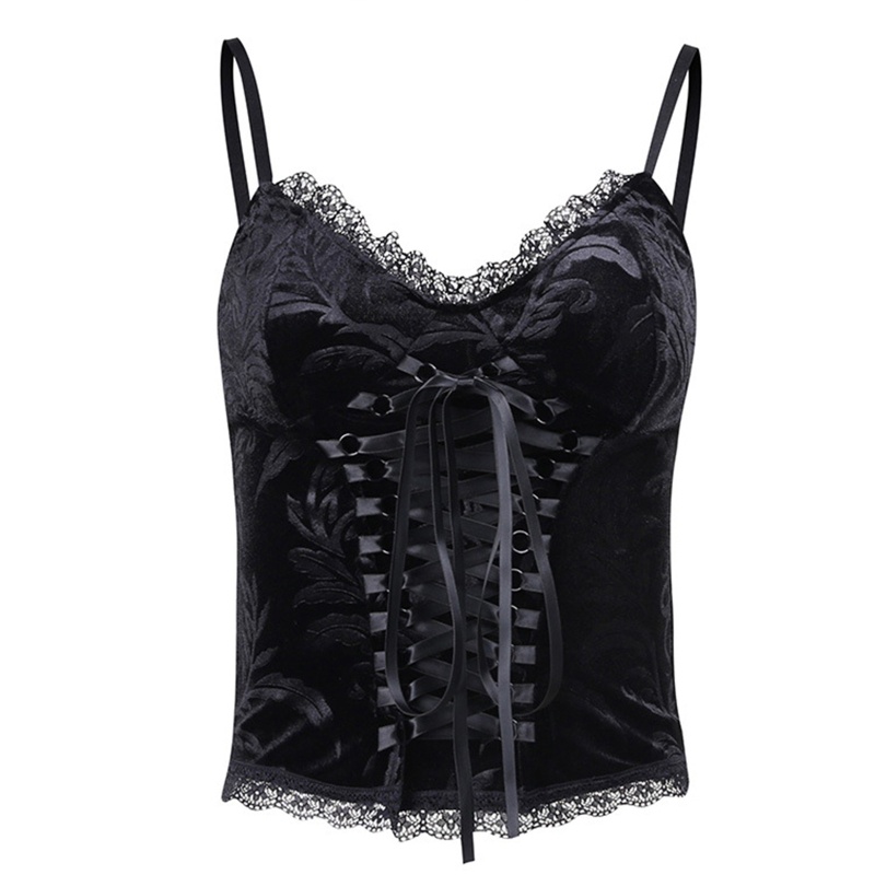 Xixi Áo Lửng Hai Dây Cổ Chữ V Bằng Vải Nhung Phối Ren Phong Cách Gothic Quyến Rũ Dành Cho Nữ