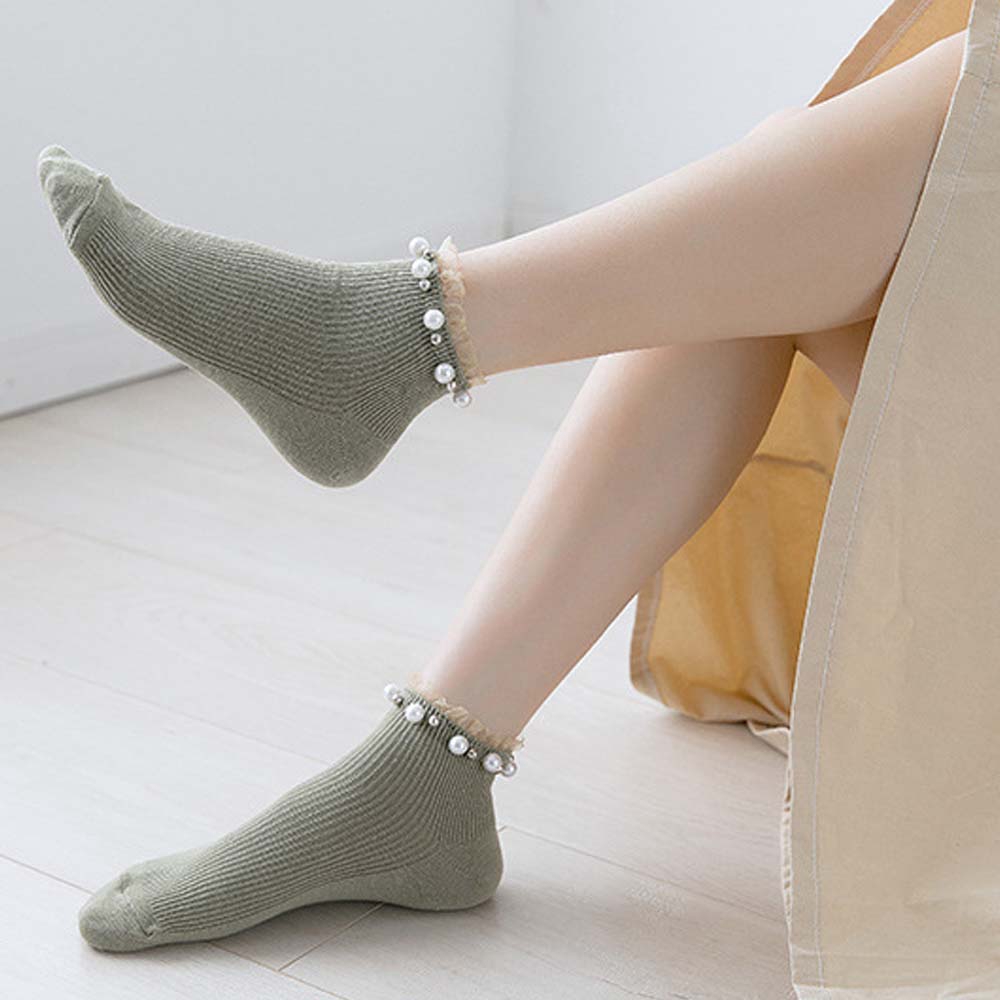 Vớ cổ cao màu trơn phối ren đính ngọc trai nhân tạo dành cho phái đẹp