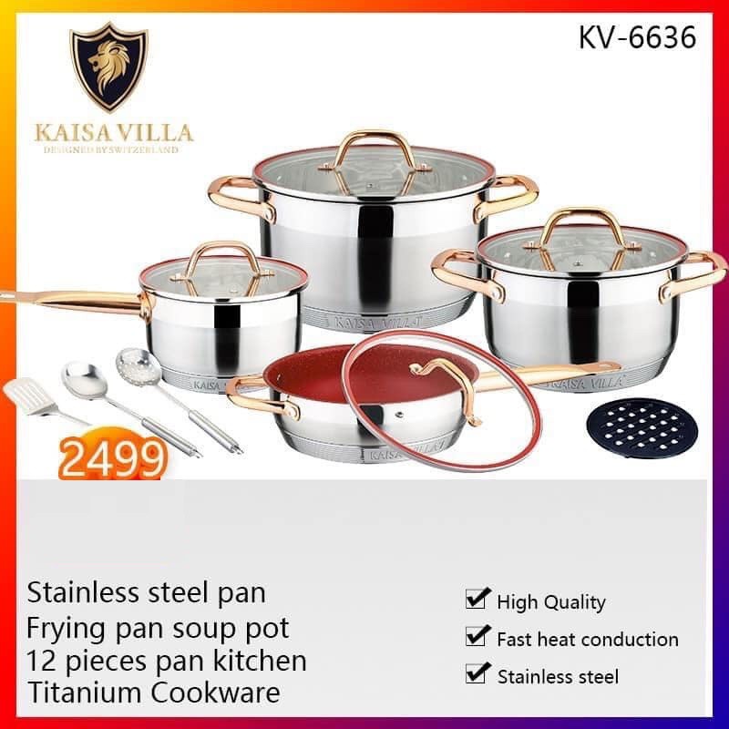 BỘ NỒI ĐỨC KAISA VILLA MÃ [ KV-6636 ] ( 3 NỒI + 1 CHẢO + BỘ THÌA ) ĐÁY TỪ VUNG KÍNH THIẾT KẾ SANG TRỌNG