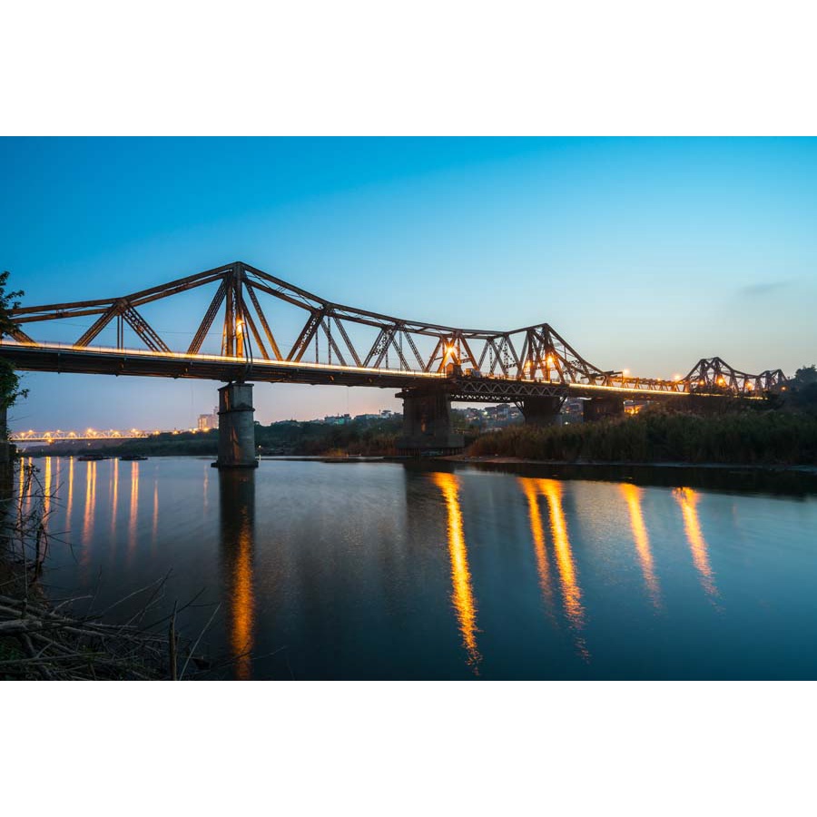 Tranh lụa 3D Dán Tường trà tranh, trà sữa phong cách địa danh nổi tiếng Hà Nội cầu Long Biên, bút tháp, tháp rùađẳng cấp