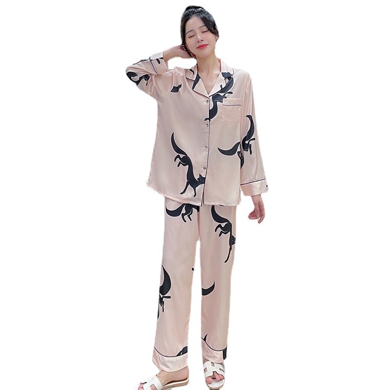 Bộ Đồ Ngủ Dài Tay Bằng Lụa Mát In Họa Tiết Cáo Thời Trang Dành Cho Nữ