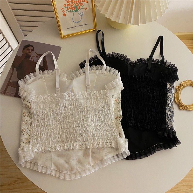 Áo Bra Ren 2 Dây Dáng Dài Phối Hoạ Tiết Ren Hoa Cực Dễ Thương