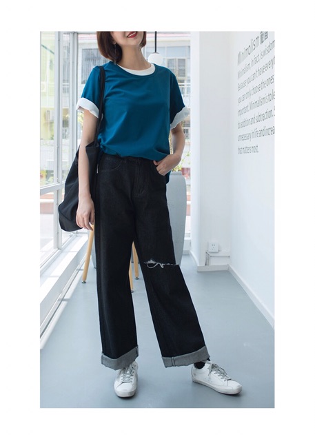 Quần Dài Jeans Suông Lưng Cao Qua Rốn BigSize / Quần Suông Ống Rộng ĐEN TRƠN/RÁCH 1 Gối- Không Giãn | BigBuy360 - bigbuy360.vn