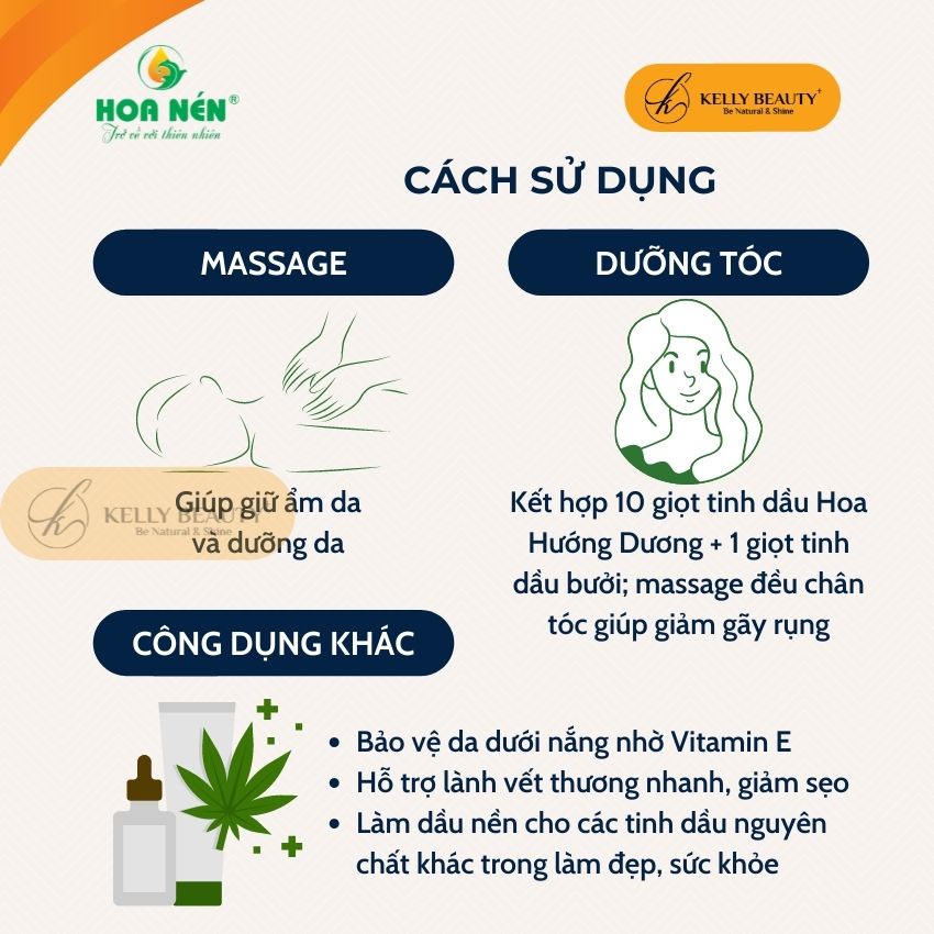 Dầu Massage Hoa Hướng Dương HOA NÉN 300ml - Giữ ẩm da, chống nắng, dưỡng tóc, giảm gãy rụng | KELLY BEAUTY