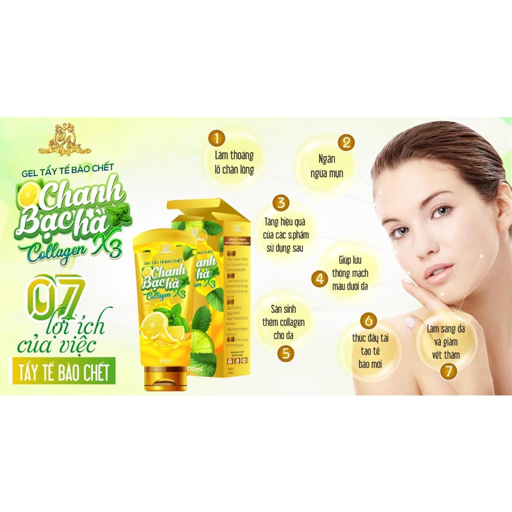 Gel Tẩy Tế Bào Chết Collagen X3 Chanh Bạc Hà 200ml Hàng Cty Đông Anh - Dùng Cho Mặt và Body