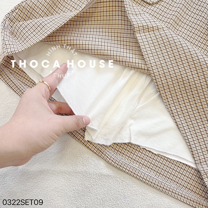 Set áo vest croptop tay ngắn phối chân váy caro kem THOCA HOUSE thanh lịch công sở, sang trọng dự tiệc