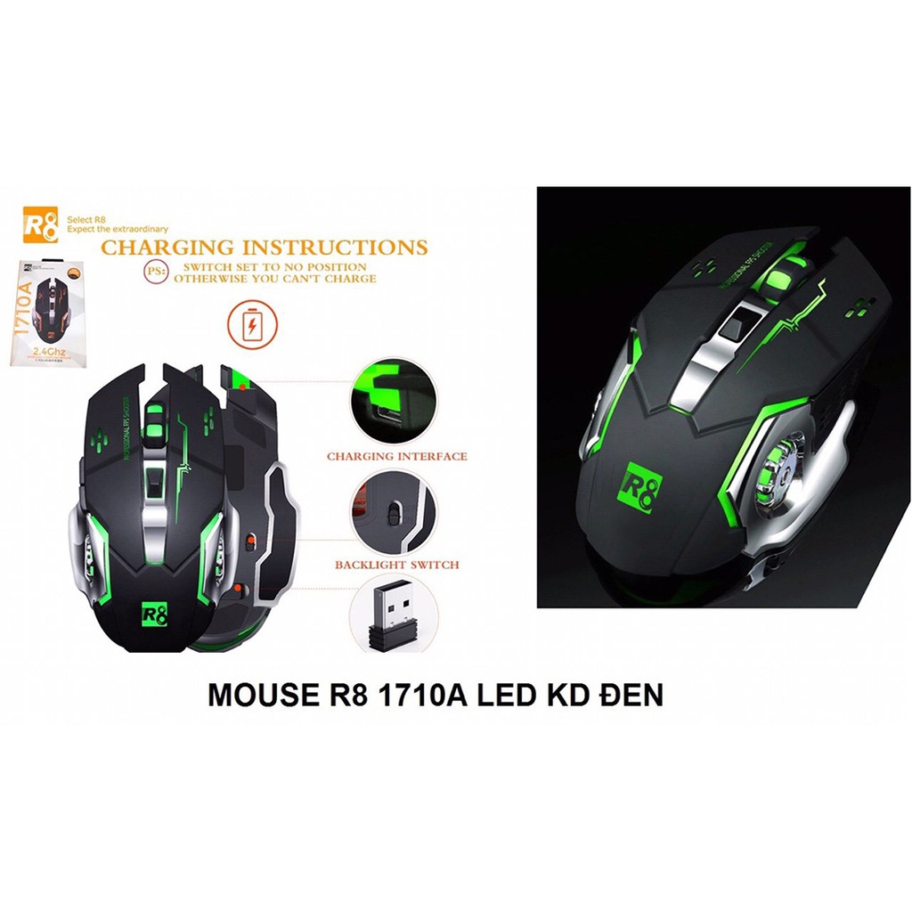 Chuột không dây máy tính R8 1710A màu  đen, có đèn led MOUSE WIRELESS LED R8 1710A không dây