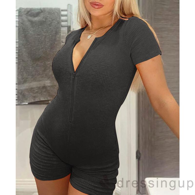 Bộ áo liền quần tay ngắn cổ chữ V có khóa kéo phong cách thời trang cho nữ