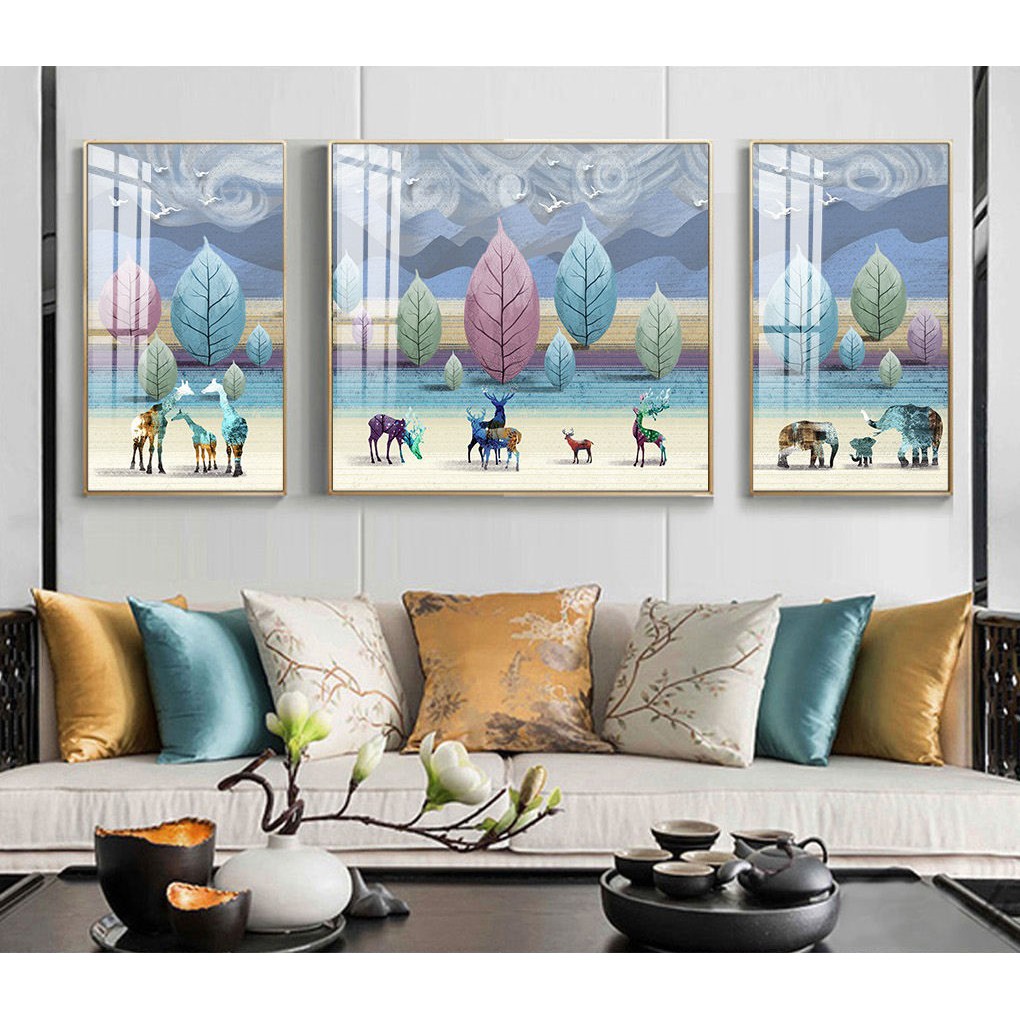 TRANH BỘ 3 TREO TƯỜNG CỠ ĐẠI- HƯƠU TÀI LỘC THIỂN NGA- GIÁ RẺ - MELYHOME- TB31009FGC7