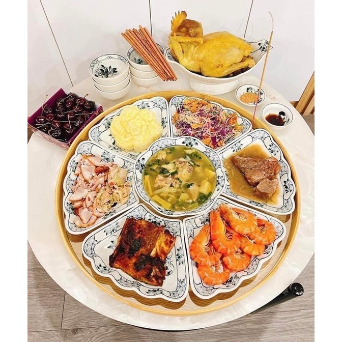 Khay Gỗ Bộ Bát Đĩa Hoa Mặt Trời Size 45-55cm Mâm Gỗ Tròn Đựng Bộ Bát Ăn Cúng Gia Tiên