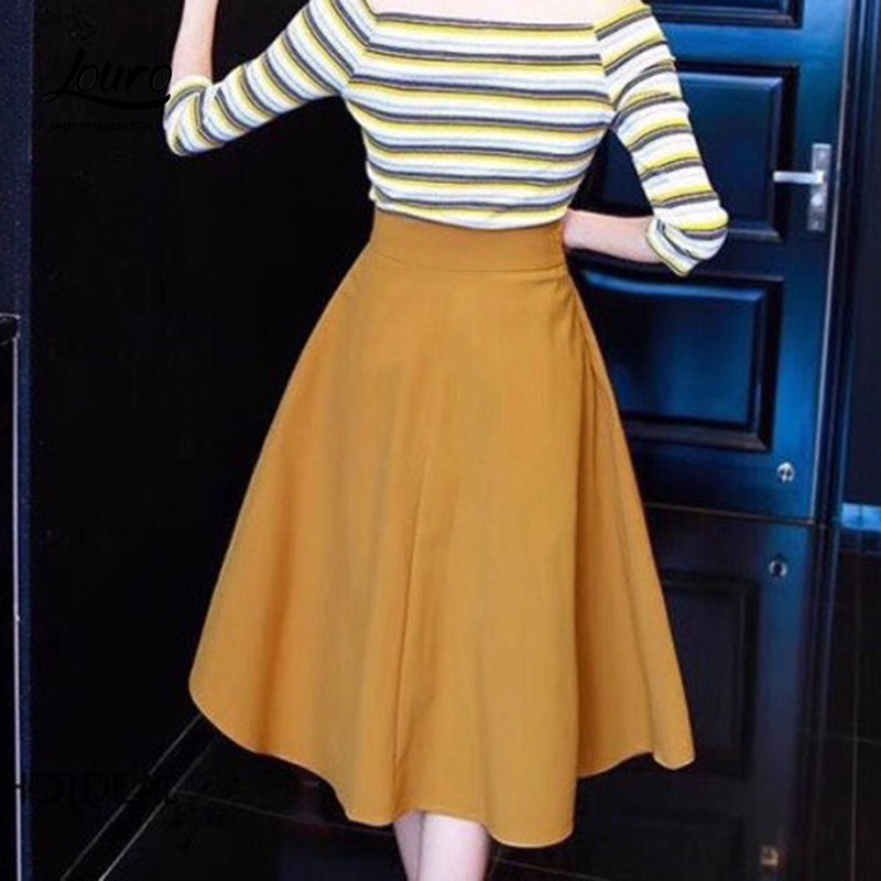 Chân váy dài Louro L704, mẫu chân váy dài đẹp dáng qua gối, dây đan eo xòe 360 độ nhẹ nhàng thanh lịch, cao cấp | BigBuy360 - bigbuy360.vn