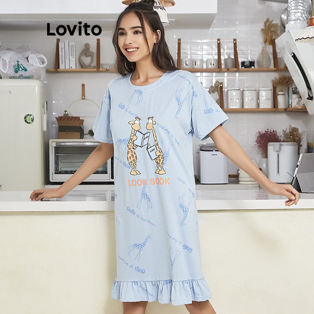 Đầm ngủ Lovito viền xếp nếp in họa tiết động vật với hai túi trẻ trung thời trang L02152 (xanh lam)