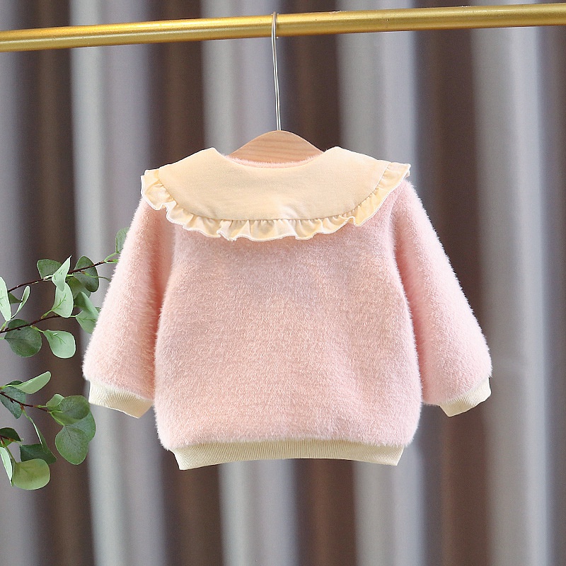 áo khoác len lông ấm áp bé gái cổ bèo viền xin tặng kèm chú thỏ bông xinh xắn size 7-17kg AK42