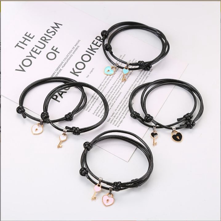 Set 2 vòng tay dây bện mặt hình ổ khóa/trái tim thời trang cho cặp đôi