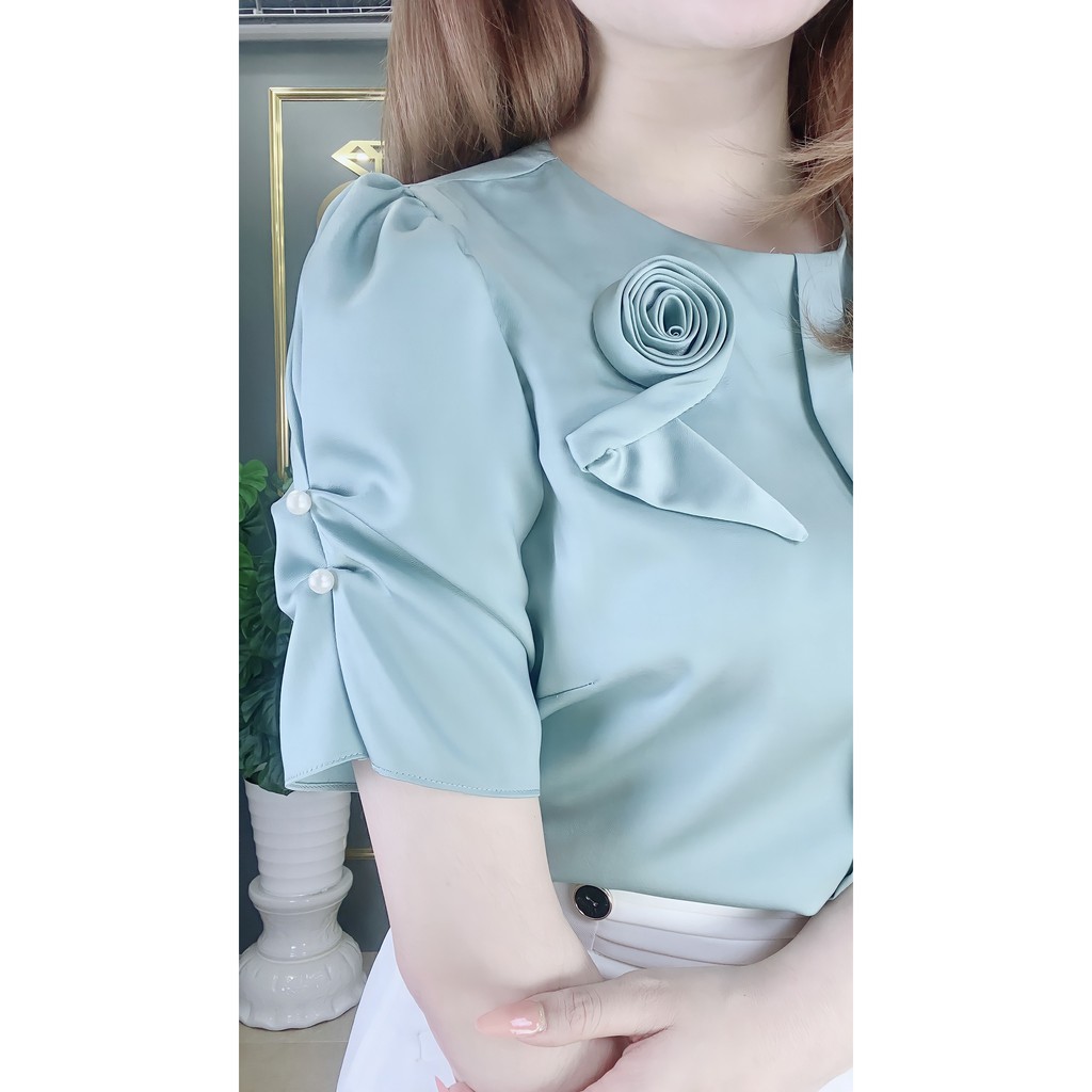 Áo sơ mi nữ kiểu công sở ngắn tay đính hoa tay phong cách hàn quốc sang chảnh A432 Candy Fashion