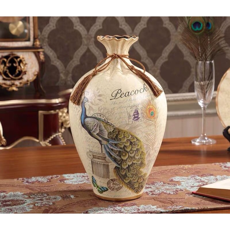 Bình tròn cắm lông công trắng, bình cắm hoa cao 24cm