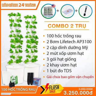 2 tháp thủy canh 100 lỗ trồng rau đầy đủ phụ kiện