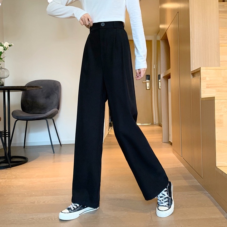 Quần Dài Ống Rộng Lưng Cao Màu Đen Phong Cách Hàn Quốc Thời Trang Mùa Hè Cá Tính Cho Nữ
