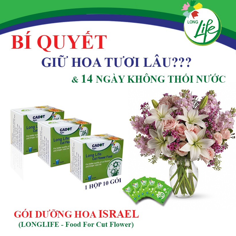 1 Hộp 10 Gói Bột Pha Nước Cắm Hoa Tươi Lâu Long Life - Bột Dưỡng Hoa Không Héo, Lâu Tàn, Không Thối Nước