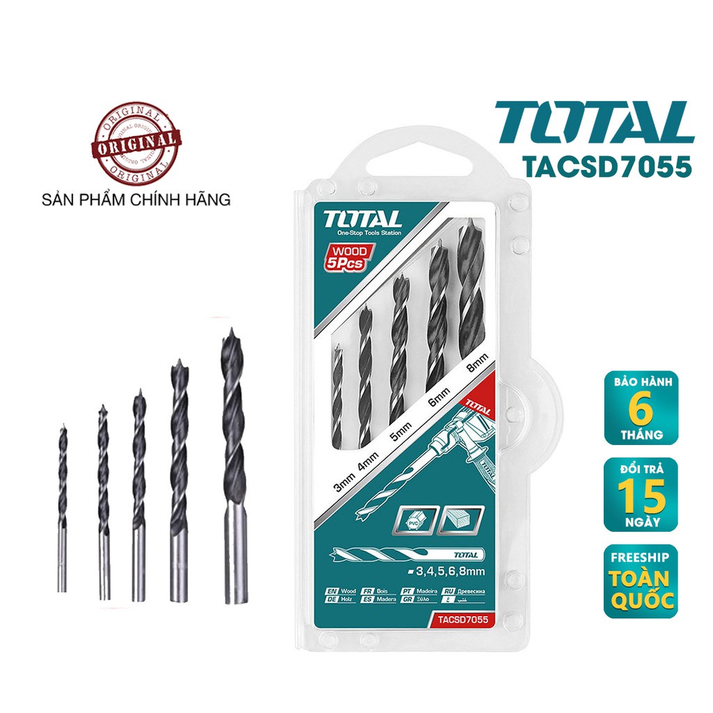 Combo 5 mũi khoan gỗ TOTAL TACSD7055 chính hãng. Mũi khoan gỗ 5 chi tiết TOTAL không bị ăn mòn, biến dạng, gãy hay cong