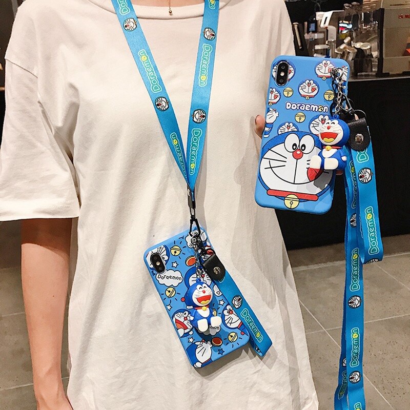 （P43）Ốp điện thoại có giá đỡ kiêm gương và dây đeo Doraemon cho Samsung Galaxy A20 A30 M10S A205 A305 A20S A50 A70 A70s A71