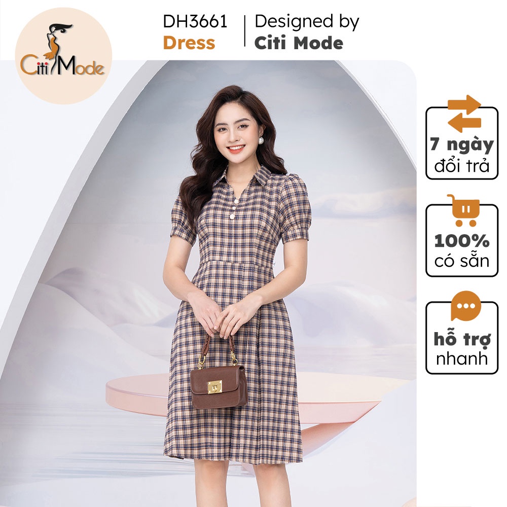 Đầm nữ thiết kế CITI MODE dáng xòe họa tiết caro xếp ly 1 bên cao cấp DH3661