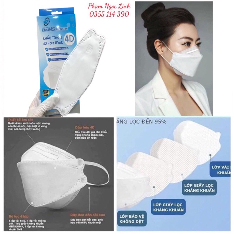 Khẩu trang KF94, Túi 10 cái khẩu trang 4D KF94 Gem Mask kháng khuẩn | Chính Hãng