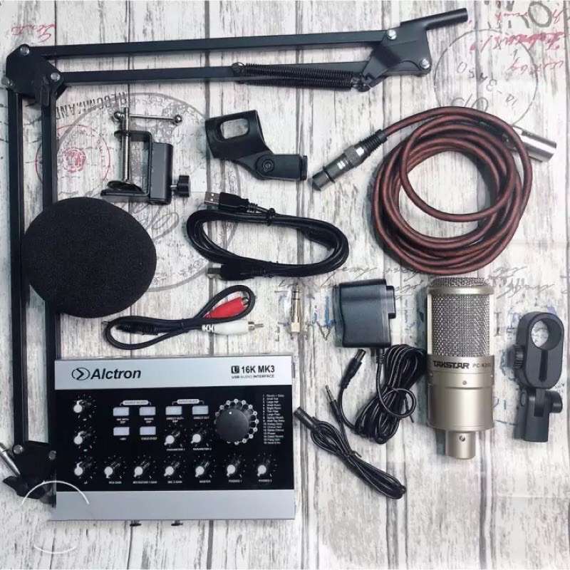 Bộ Combo thu âm livestream cao cấp Míc Takstar PC K200-Sound card ALCTRON U16 Mk3 kèm chân kẹp dây 3m dây live BH 1 Năm