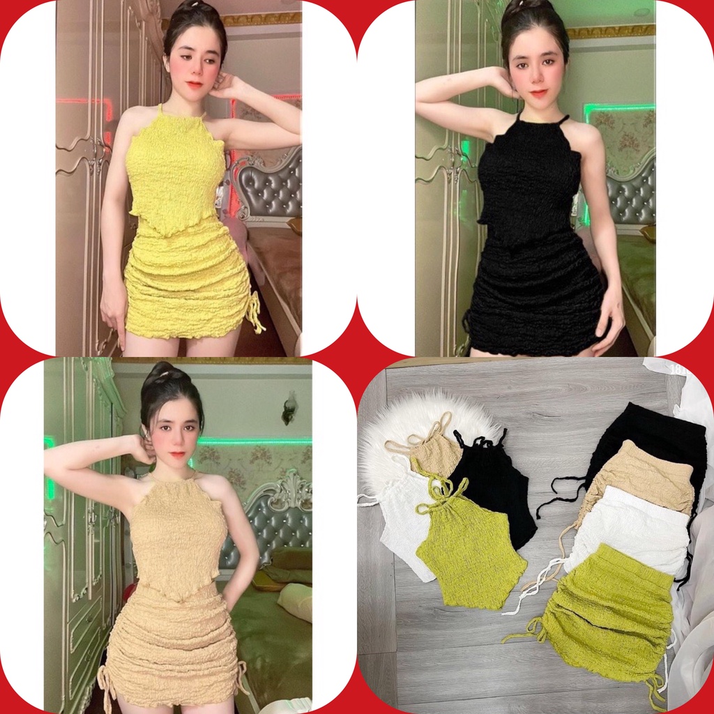 Set bộ áo yếm croptop + chân váy ôm rút dây chất xốp