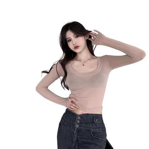 Áo thun QKOOLE tay dài cổ chữ U phong cách Hàn Quốc thời trang cho nữ